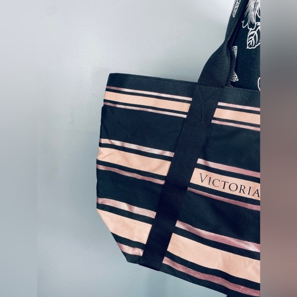 VS pink metallic & black large striped full zip canvas travel tote size XL - Picture 2 of 9